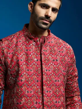Jashvi Men's Red Chinon Jacket,Kurta And Pyjama Set.