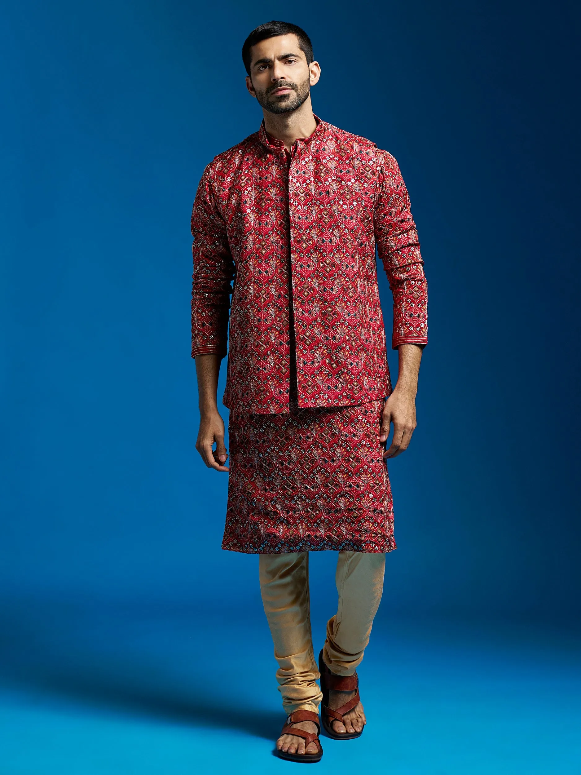 Jashvi Men's Red Chinon Jacket,Kurta And Pyjama Set.