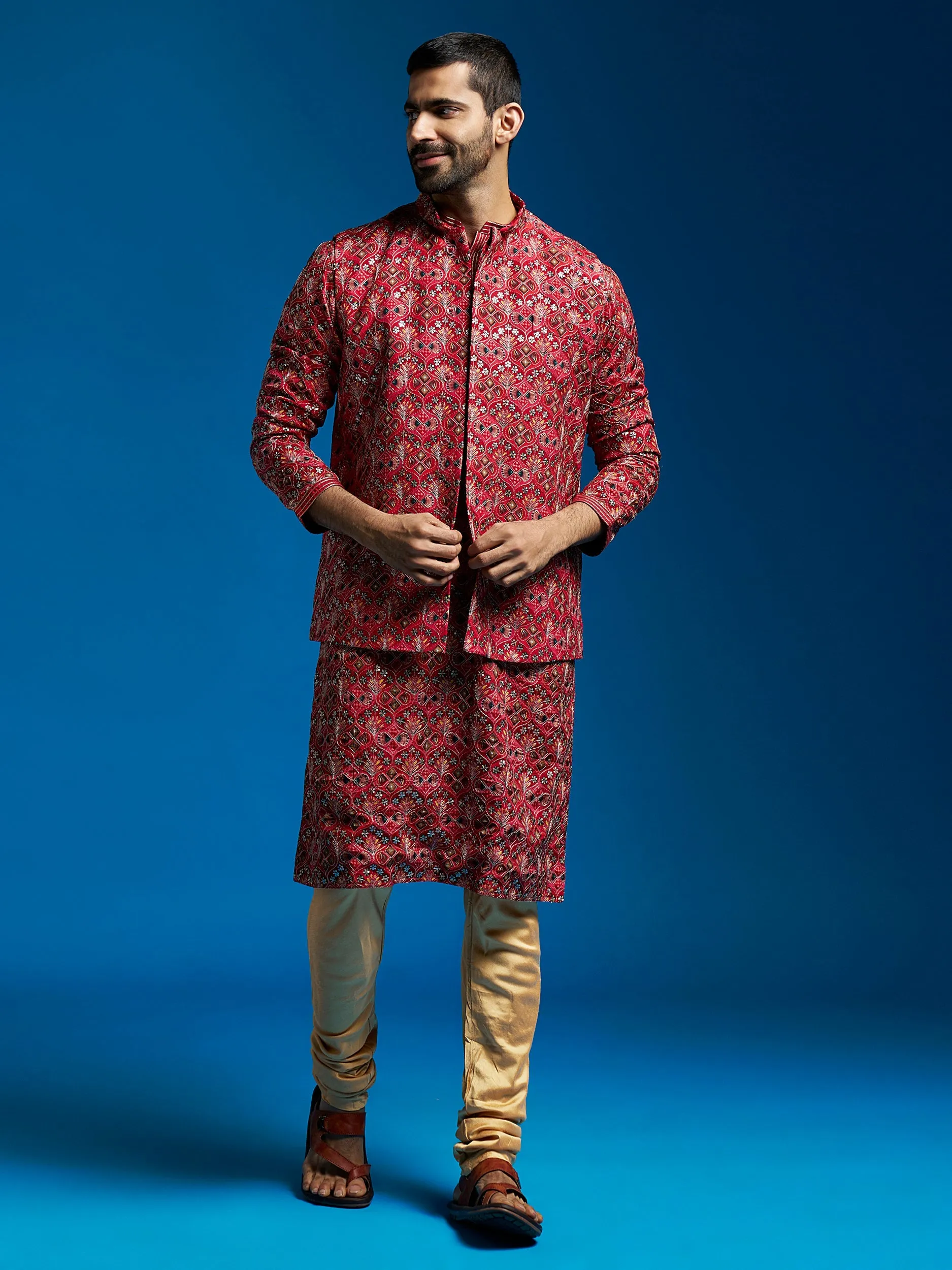 Jashvi Men's Red Chinon Jacket,Kurta And Pyjama Set.