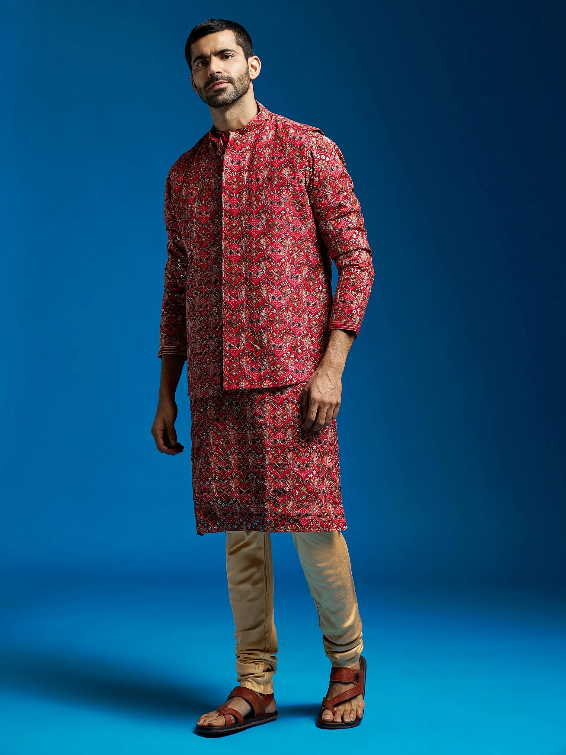 Jashvi Men's Red Chinon Jacket,Kurta And Pyjama Set.