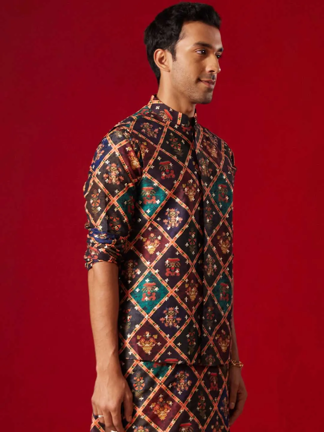 Jashvi Purple Muslin Sequined Patola Print Nehru Jacket