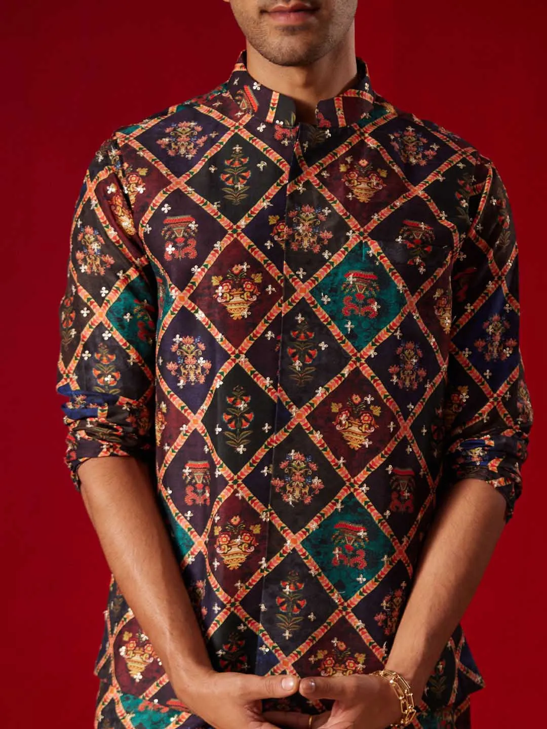 Jashvi Purple Muslin Sequined Patola Print Nehru Jacket