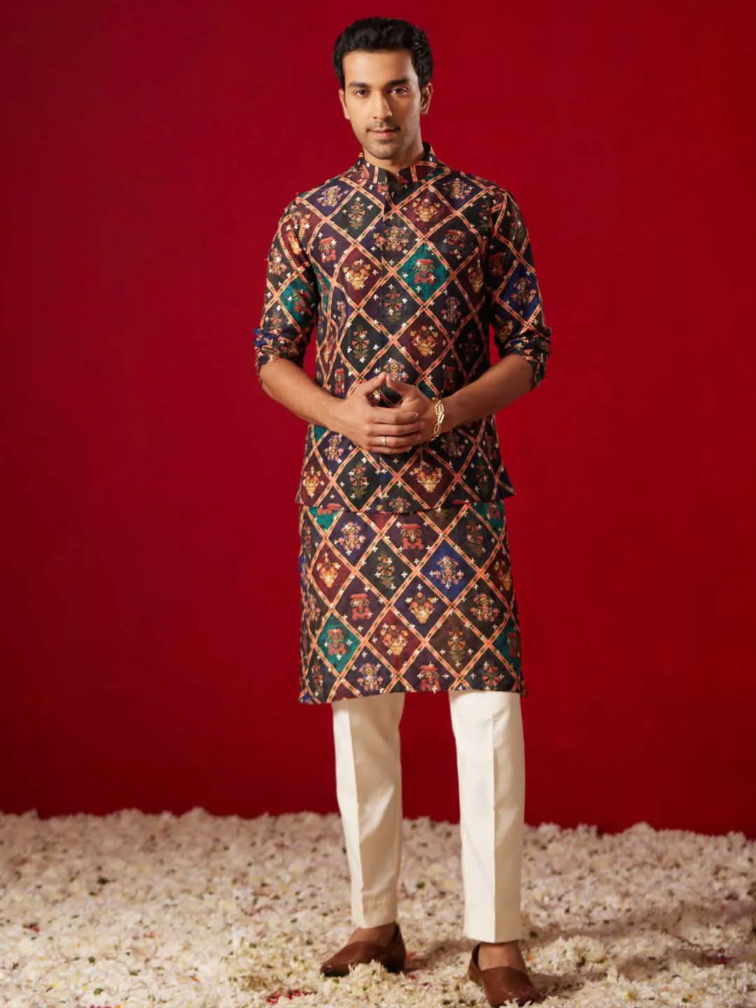 Jashvi Purple Muslin Sequined Patola Print Nehru Jacket