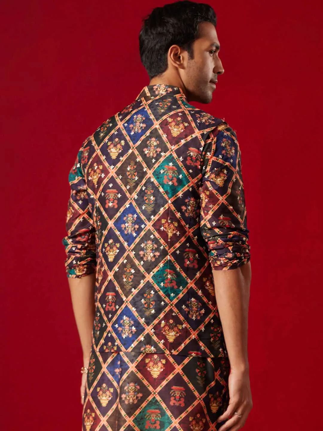 Jashvi Purple Muslin Sequined Patola Print Nehru Jacket