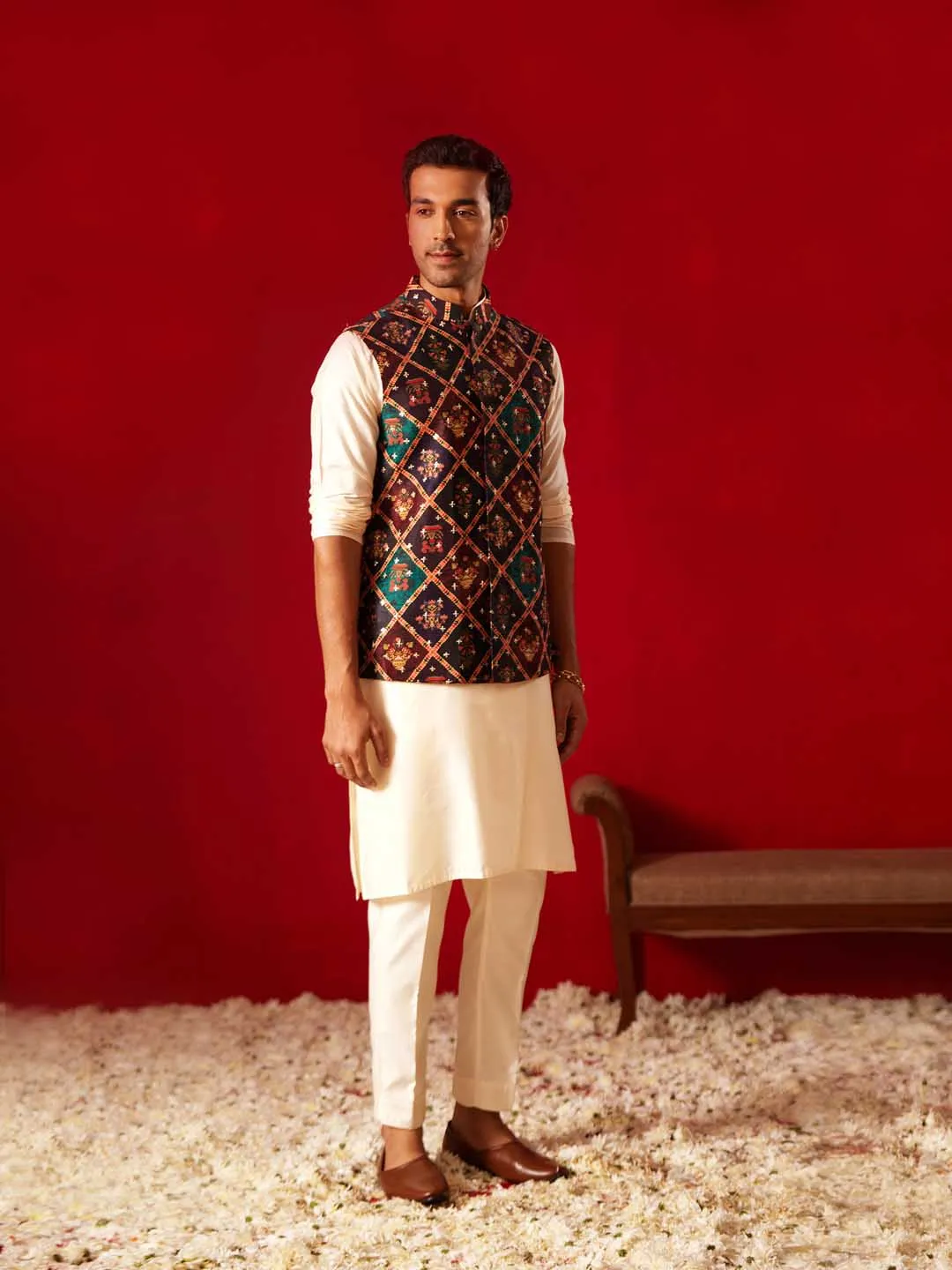 Jashvi Purple Muslin Sequined Patola Printed Navratri Special Jacket Kurta Pant Set