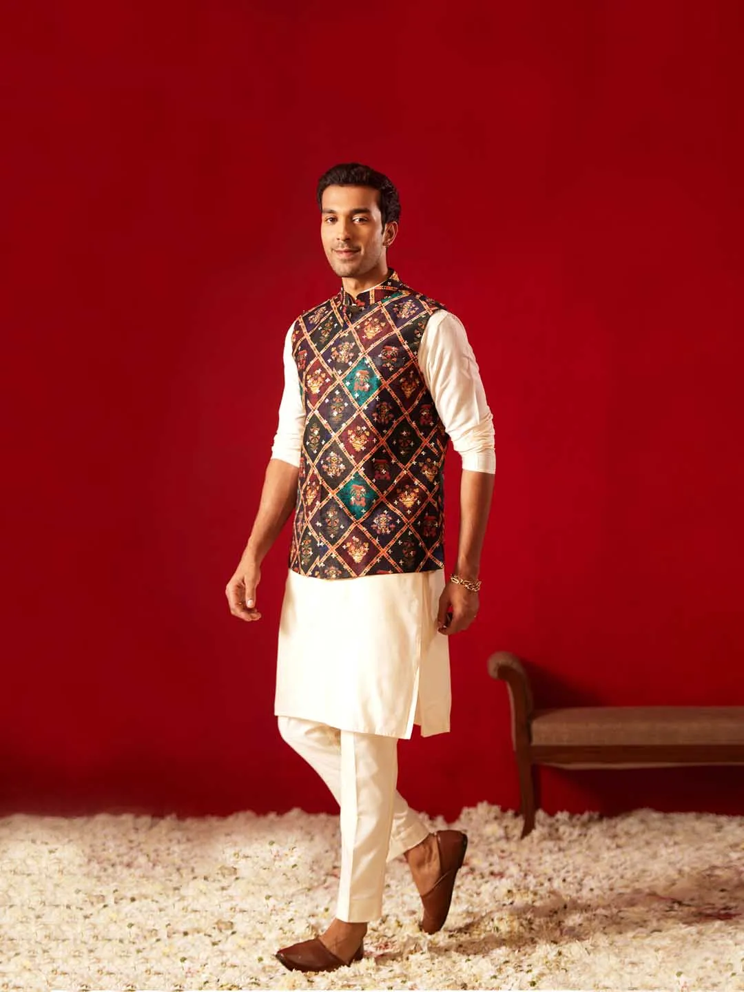 Jashvi Purple Muslin Sequined Patola Printed Navratri Special Jacket Kurta Pant Set