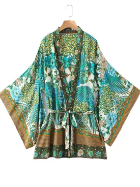 Kimono Floral Birds Print Green Color Cotton Short Length Gown Kimono