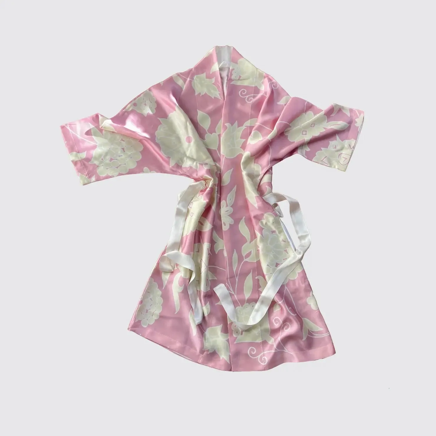 Kimono Silk Robe - Pink With Cream Floral Design