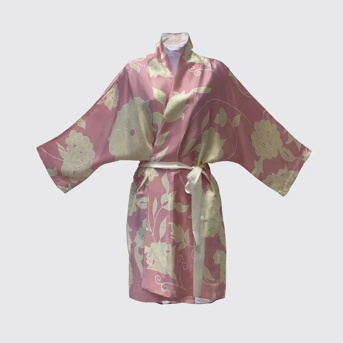 Kimono Silk Robe - Pink With Cream Floral Design