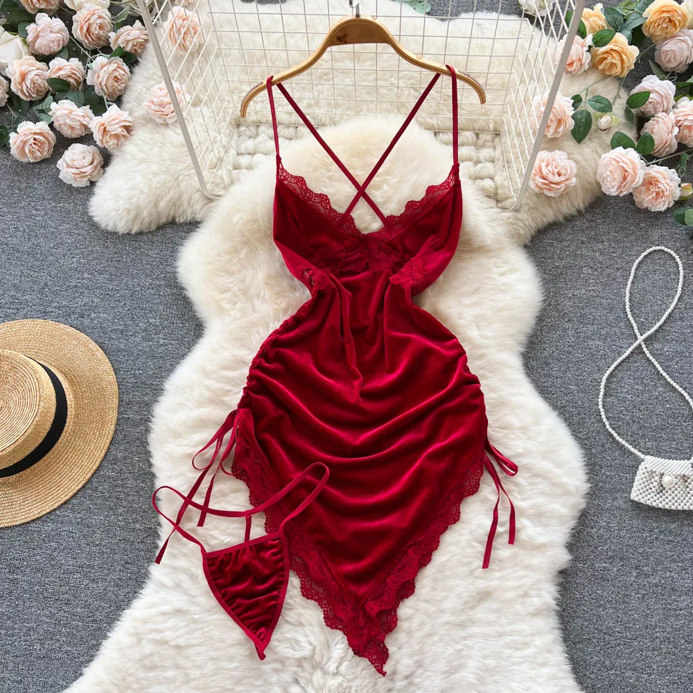 Lace Deep V-neck Velvet Slip Dress