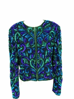 Laurence Kazar Women's Green/Blue Evening Silk Sequined Size L Jacket