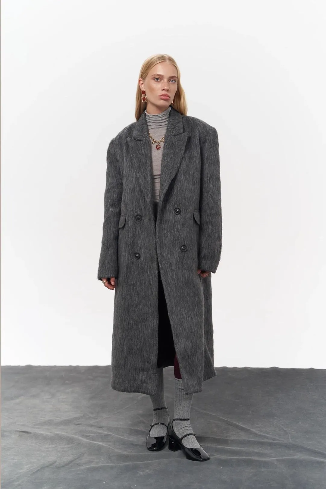 Layered Double-Breasted Textured Coat