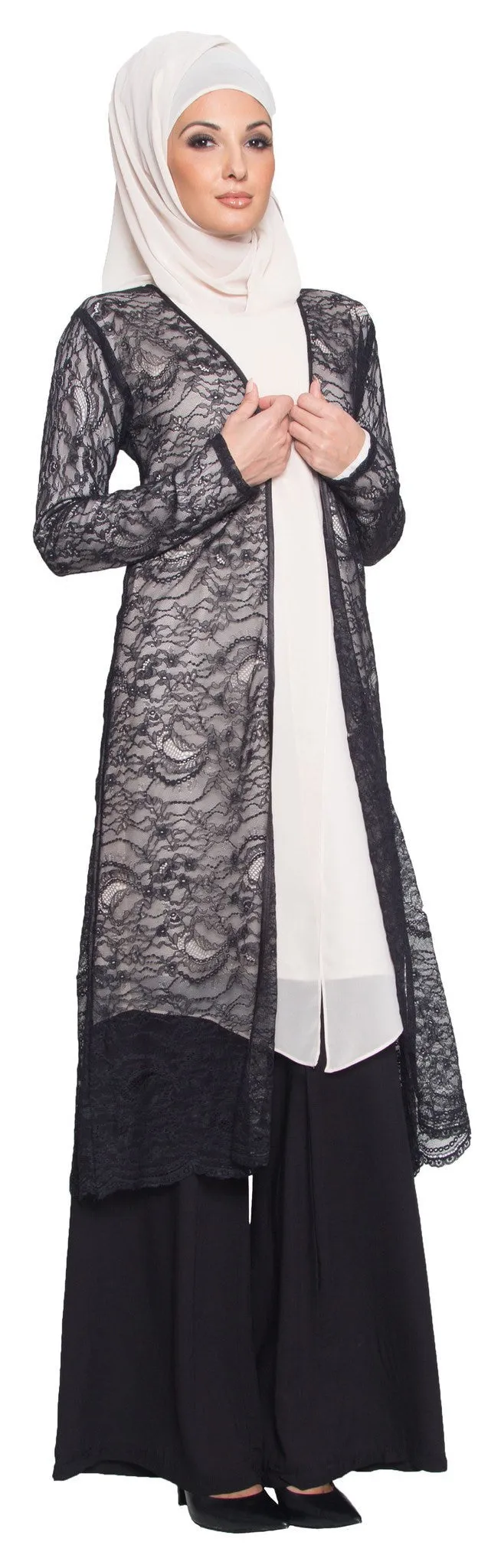 Lightweight Long Eyelash Lace Kimono Duster - Black - FINAL SALE