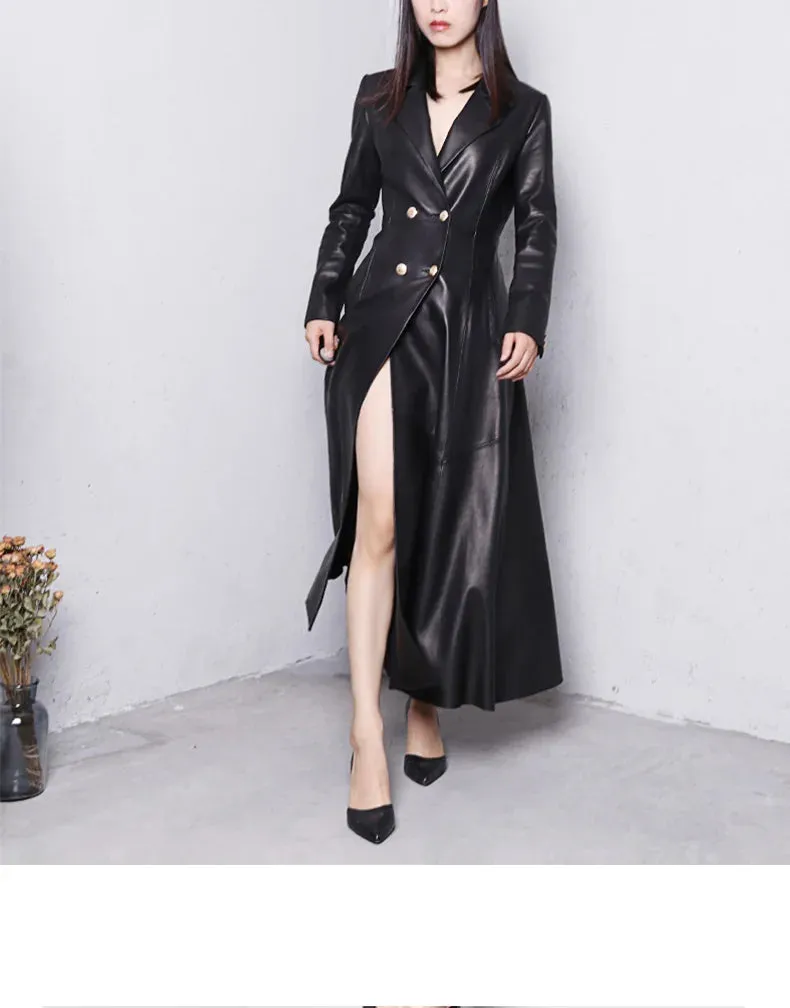 Luxurious Classic Skirted Vegan Leather Trench Coat  (S- 7X)