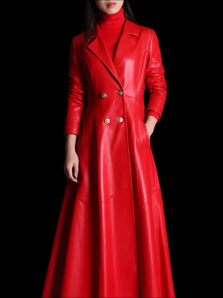 Luxurious Classic Skirted Vegan Leather Trench Coat  (S- 7X)