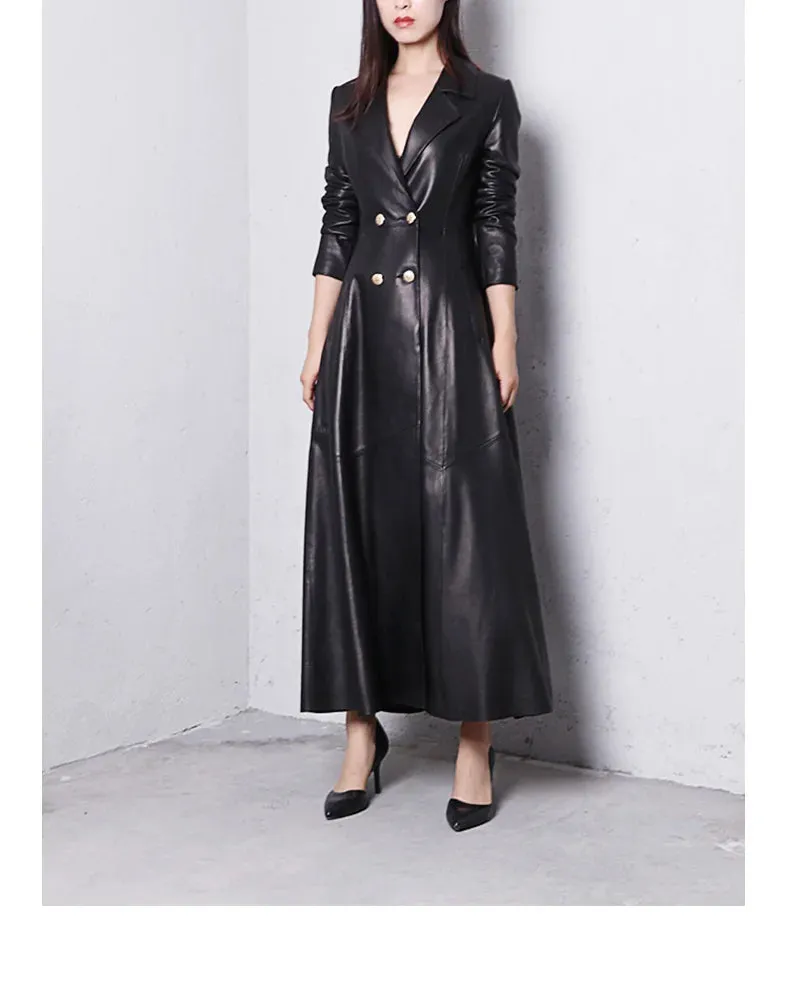 Luxurious Classic Skirted Vegan Leather Trench Coat  (S- 7X)