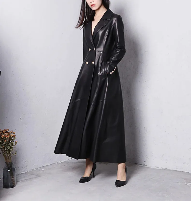 Luxurious Classic Skirted Vegan Leather Trench Coat  (S- 7X)