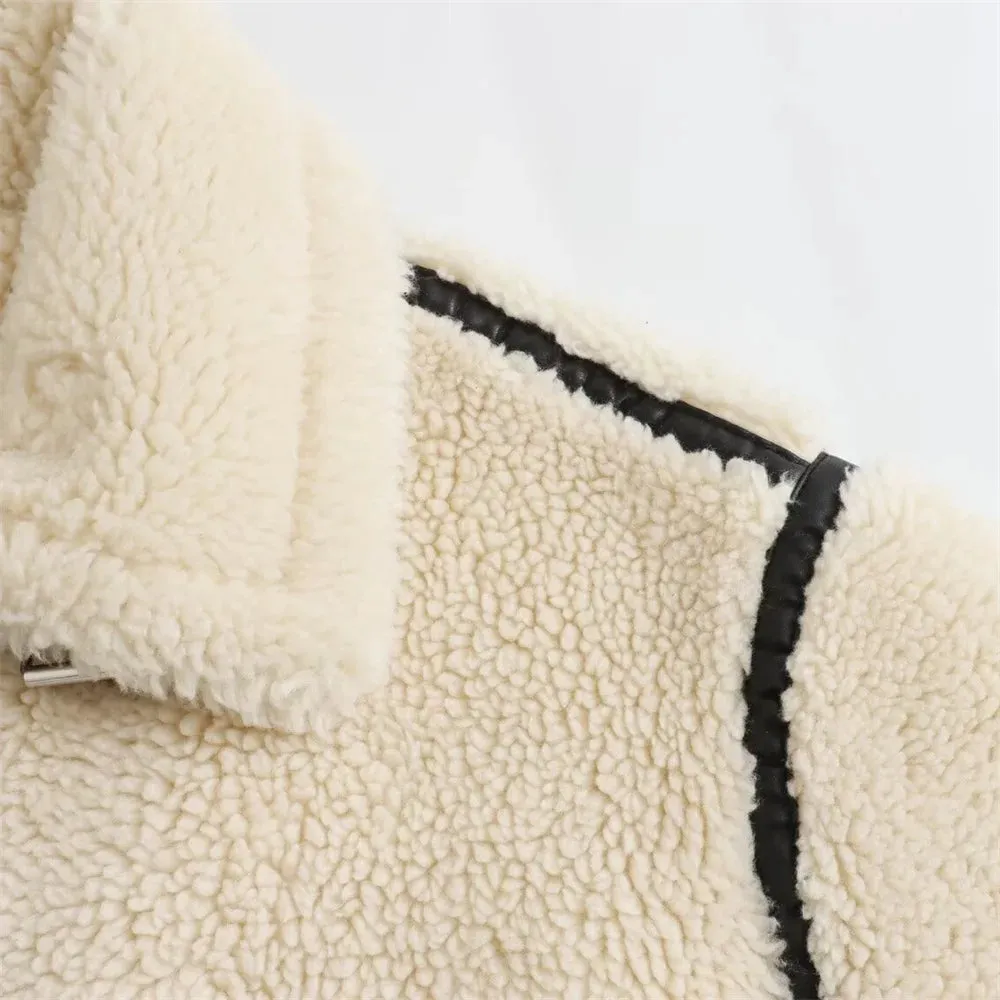 Luxurious Cream Plush Faux Fur Motorcycle Coat