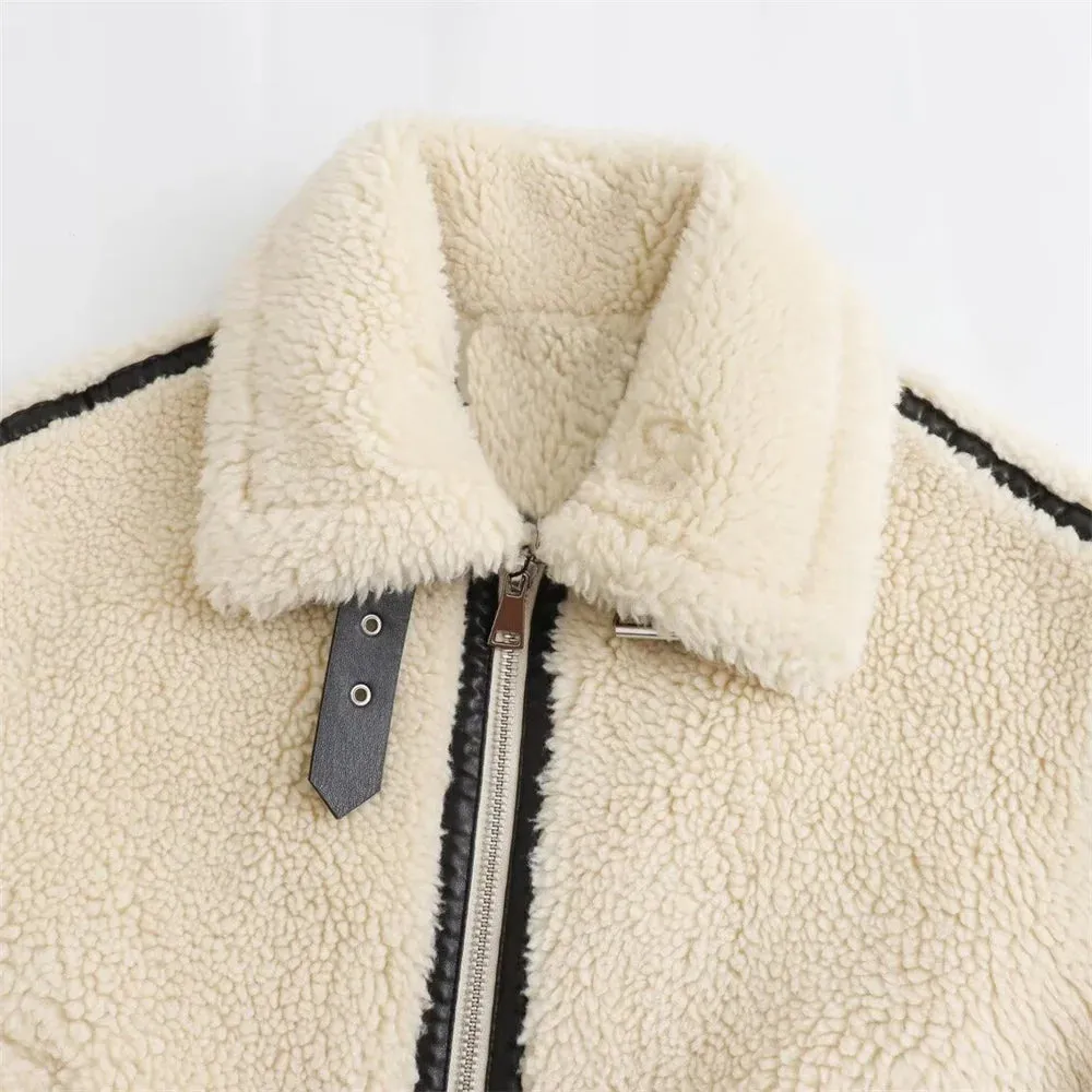 Luxurious Cream Plush Faux Fur Motorcycle Coat