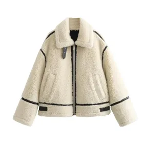 Luxurious Cream Plush Faux Fur Motorcycle Coat
