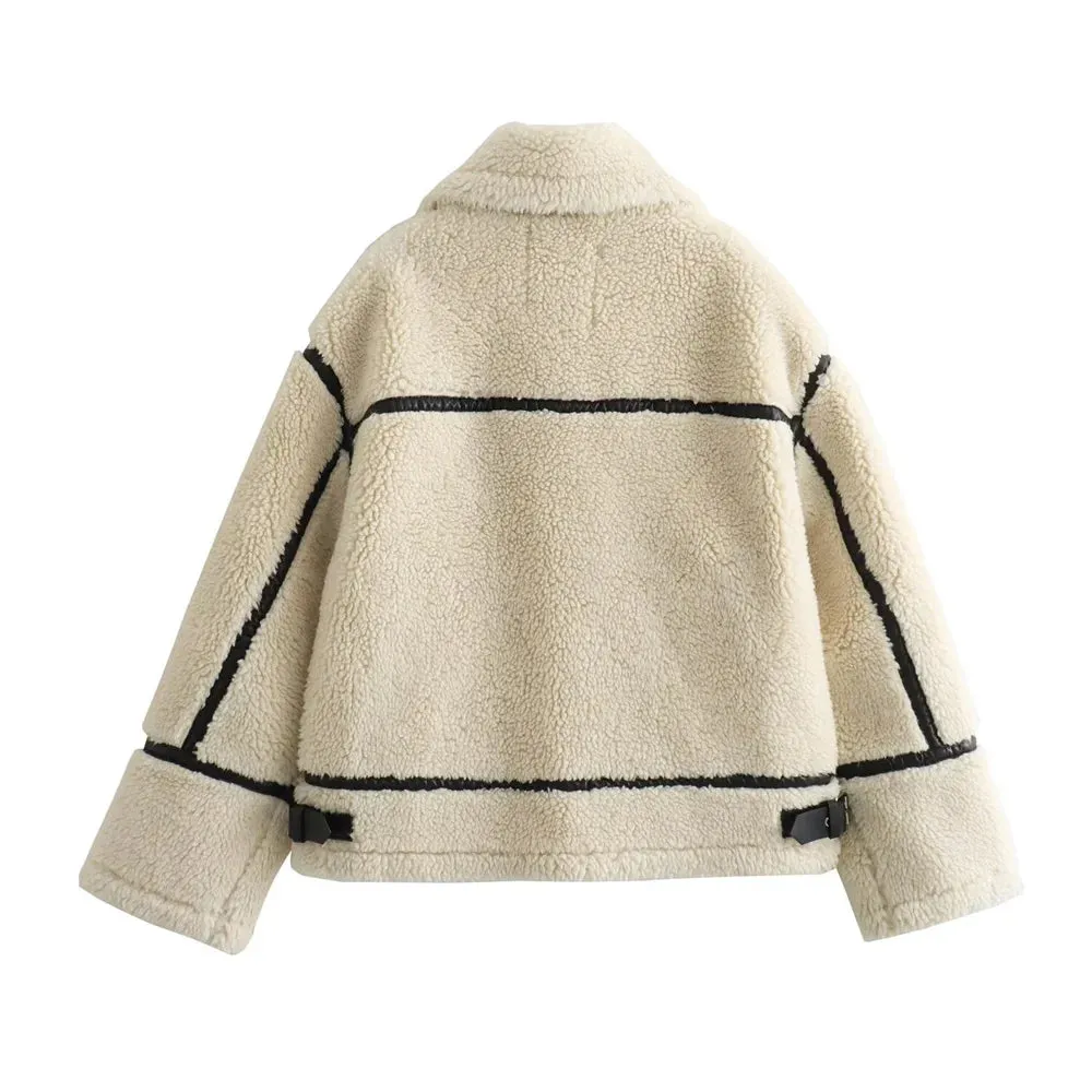 Luxurious Cream Plush Faux Fur Motorcycle Coat