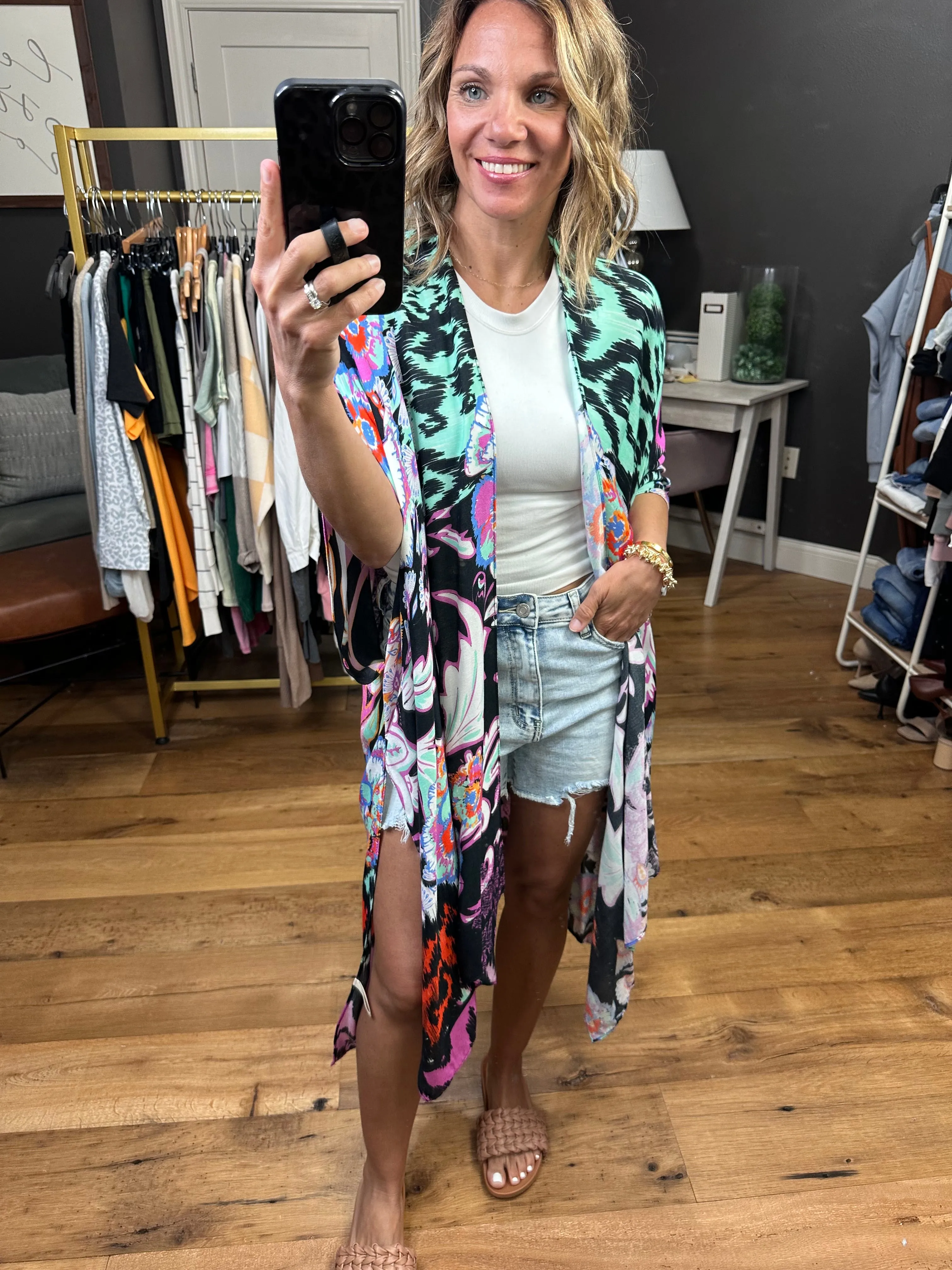 Making My Way Patterned Kimono - Black Multi