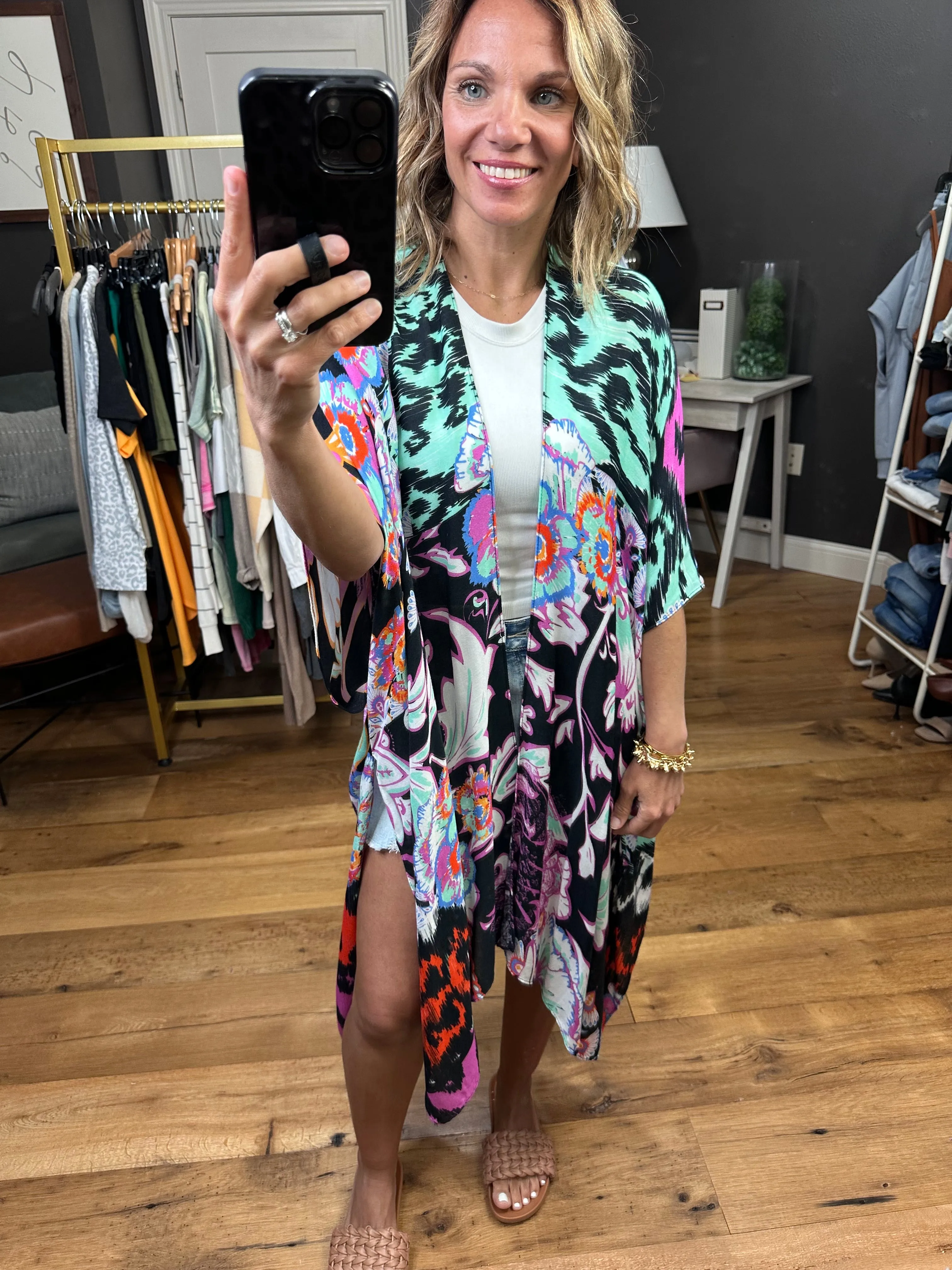 Making My Way Patterned Kimono - Black Multi
