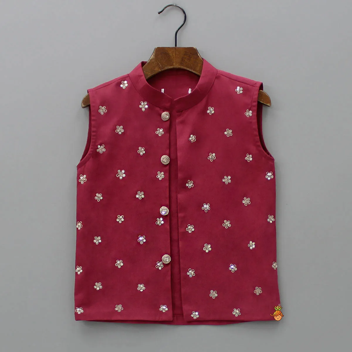 Maroon Ethnic Kurta With Floral Sequins Embroidered Jacket And Pyjama