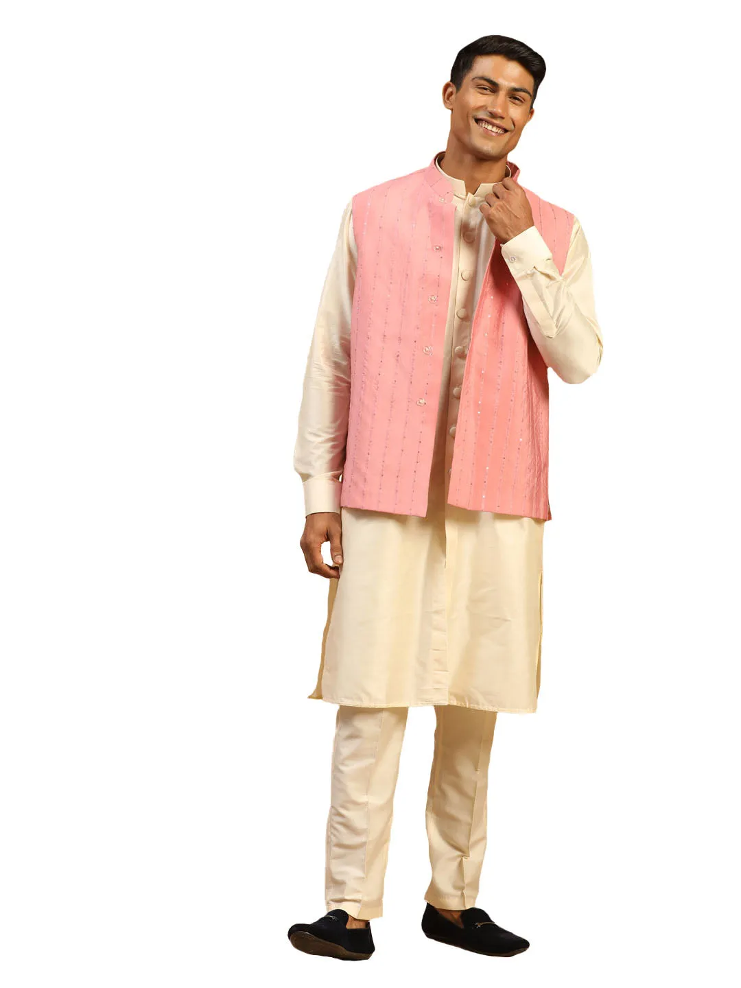 Men's Pink And Cream Cotton Blend Jacket, Kurta And Pyjama Set - Shrestha By Vastramay