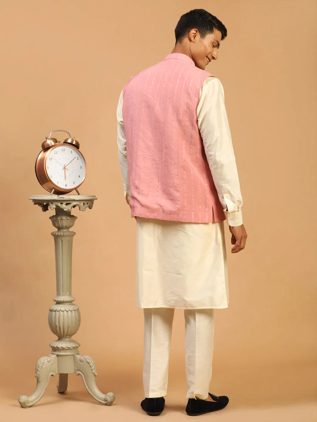 Men's Pink And Cream Cotton Blend Jacket, Kurta And Pyjama Set - Shrestha By Vastramay