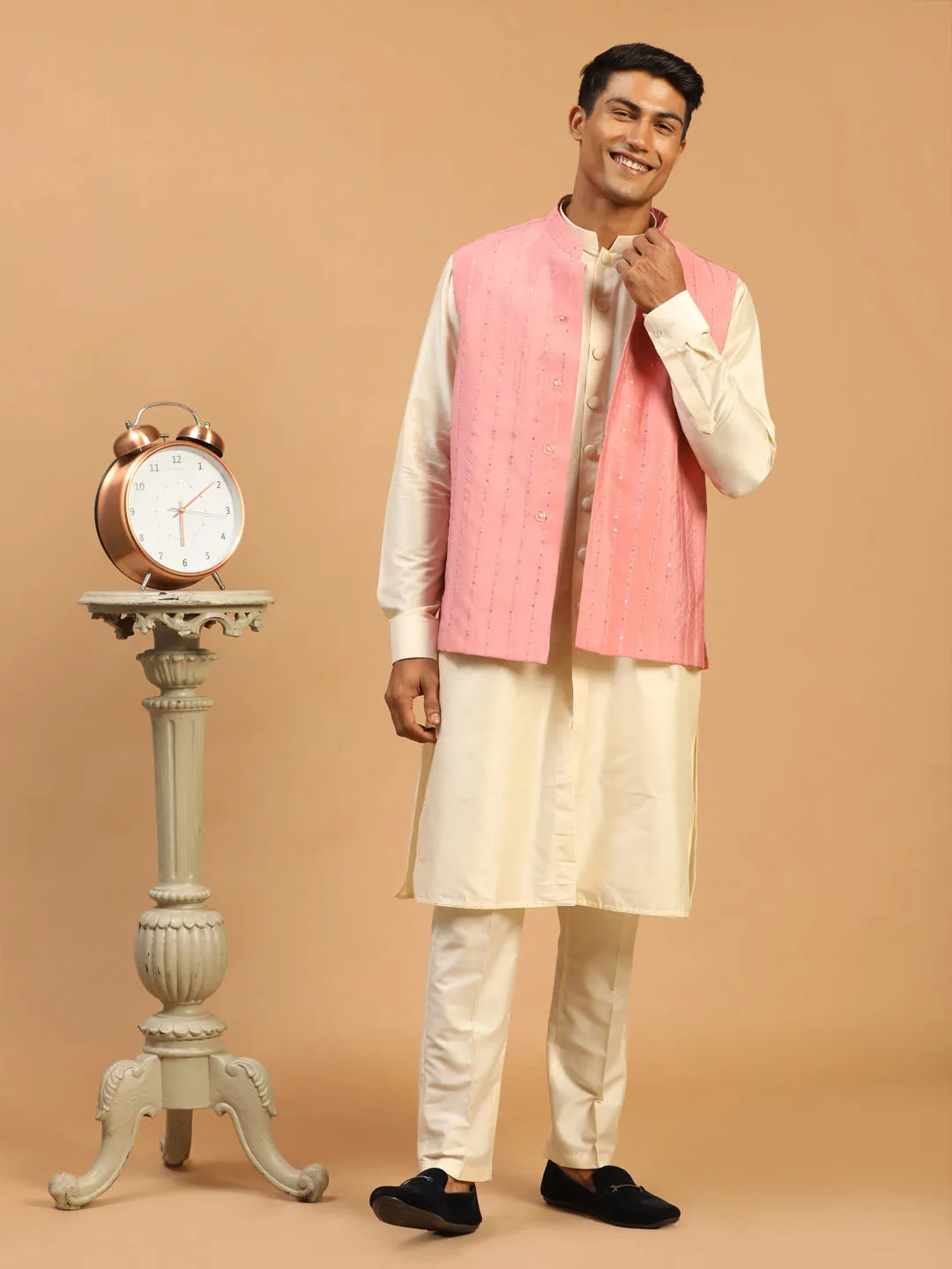 Men's Pink And Cream Cotton Blend Jacket, Kurta And Pyjama Set - Shrestha By Vastramay