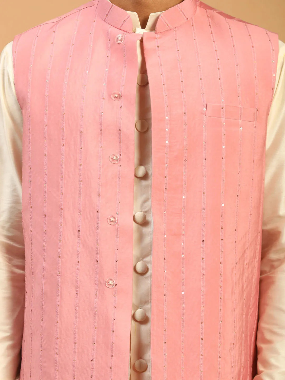 Men's Pink And Cream Cotton Blend Jacket, Kurta And Pyjama Set - Shrestha By Vastramay