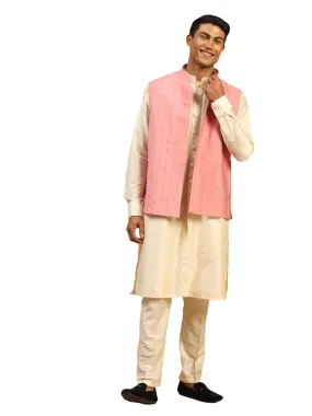 Men's Pink And Cream Cotton Blend Jacket, Kurta And Pyjama Set - Shrestha By Vastramay