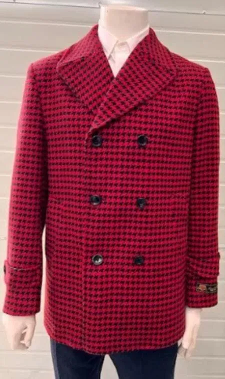 Mens Red Peacoat - Houndstooth Red And Black Pattern Car Coat