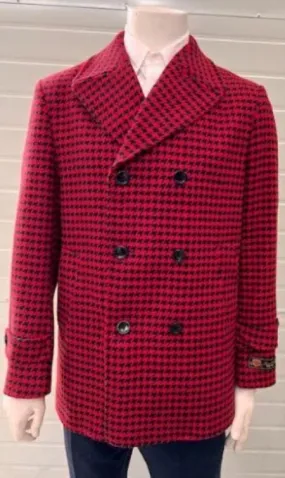 Mens Red Peacoat - Houndstooth Red And Black Pattern Car Coat