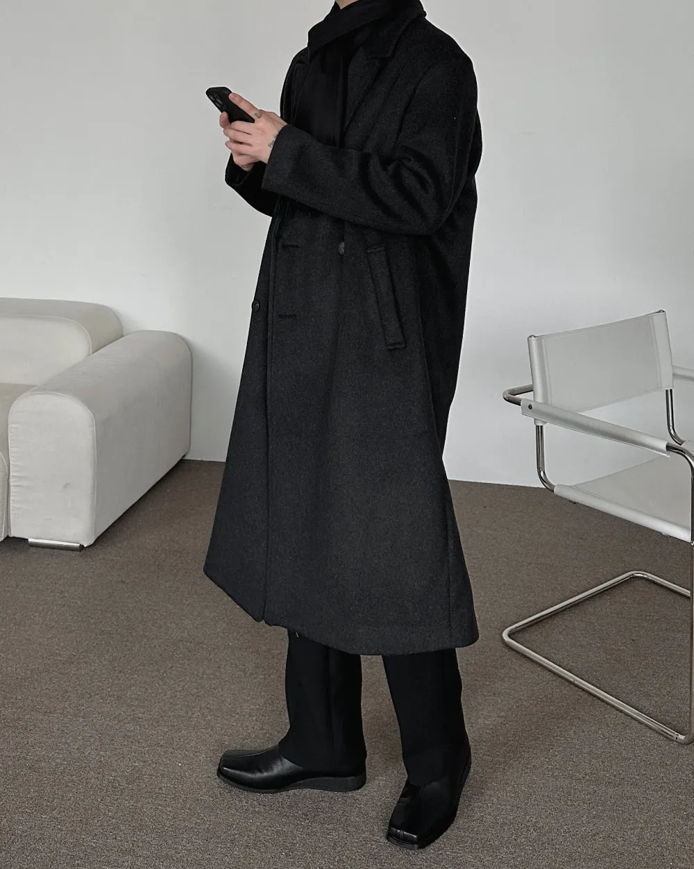 Mens Rose-And-Rose Premium Wool Blend Double Long Coat Chacoal ROSE054 CHA