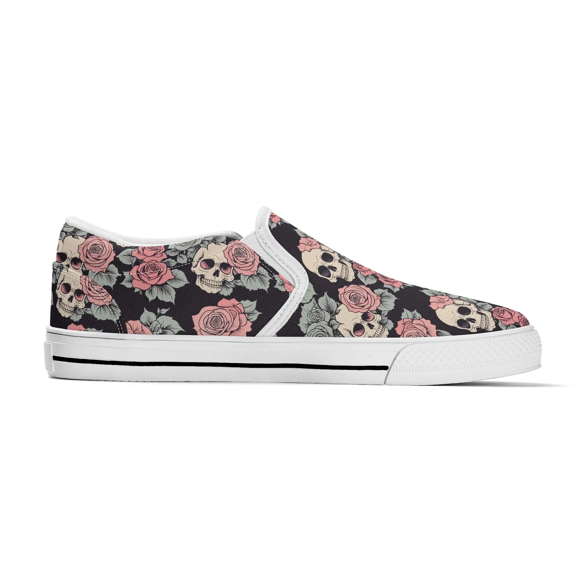 Mens Skull and Pink Rose Rubber Slip On Shoes