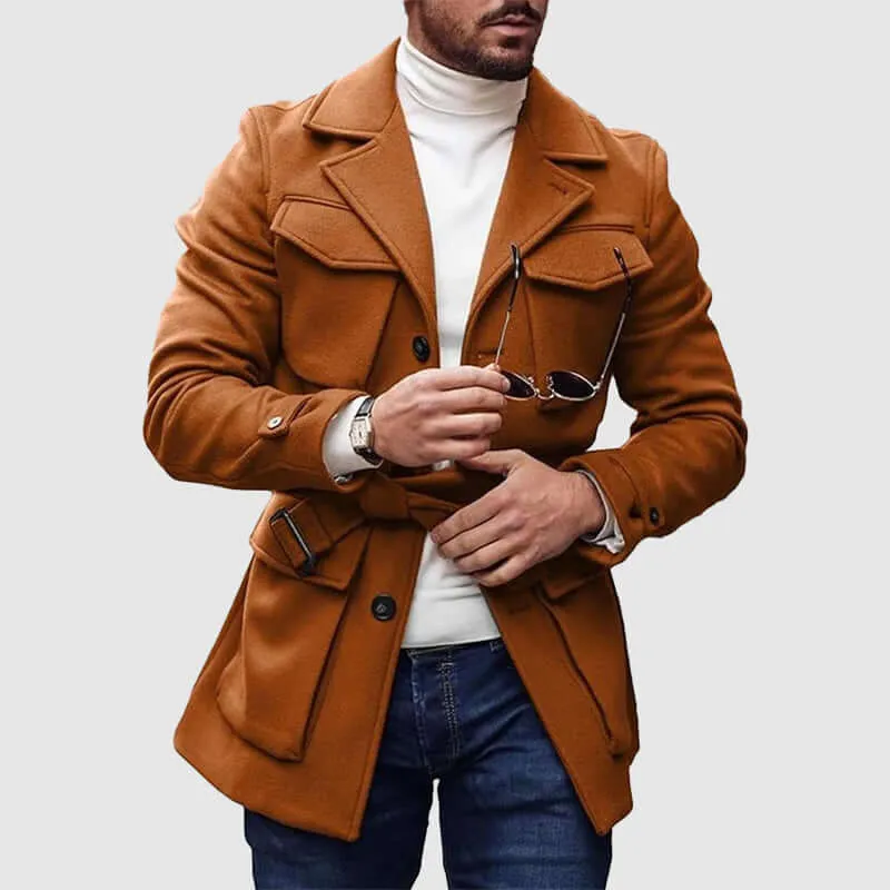 Men's Wool Coat with Multiple Pockets