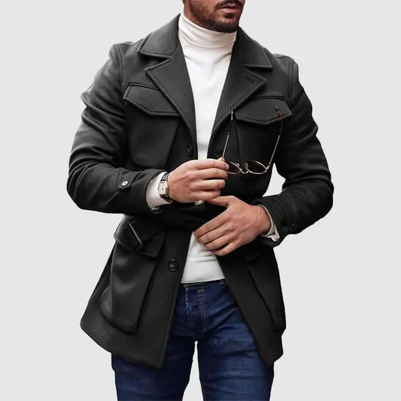 Men's Wool Coat with Multiple Pockets
