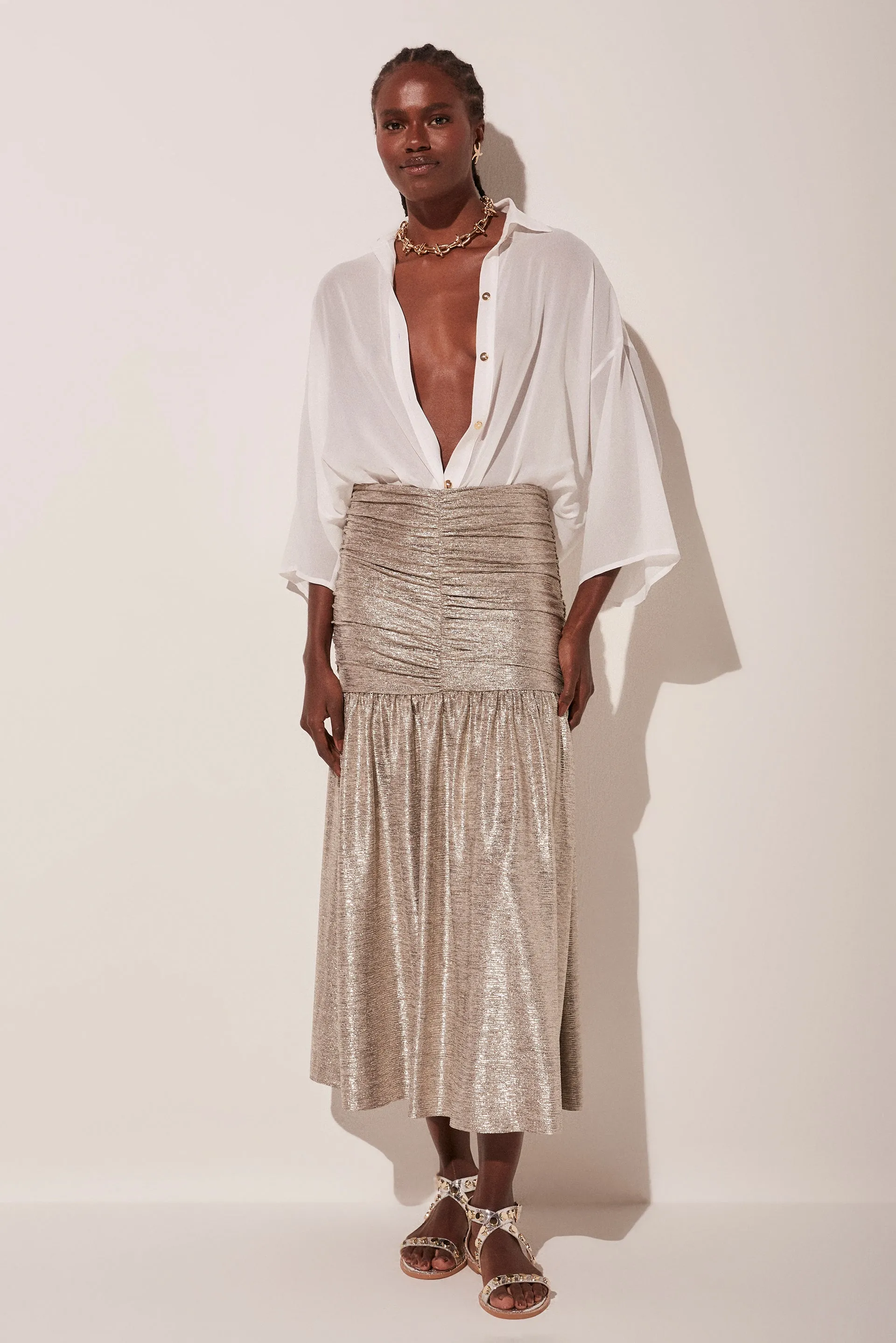 Metallic Sunrise Ruched Midi Skirt E4749A1800