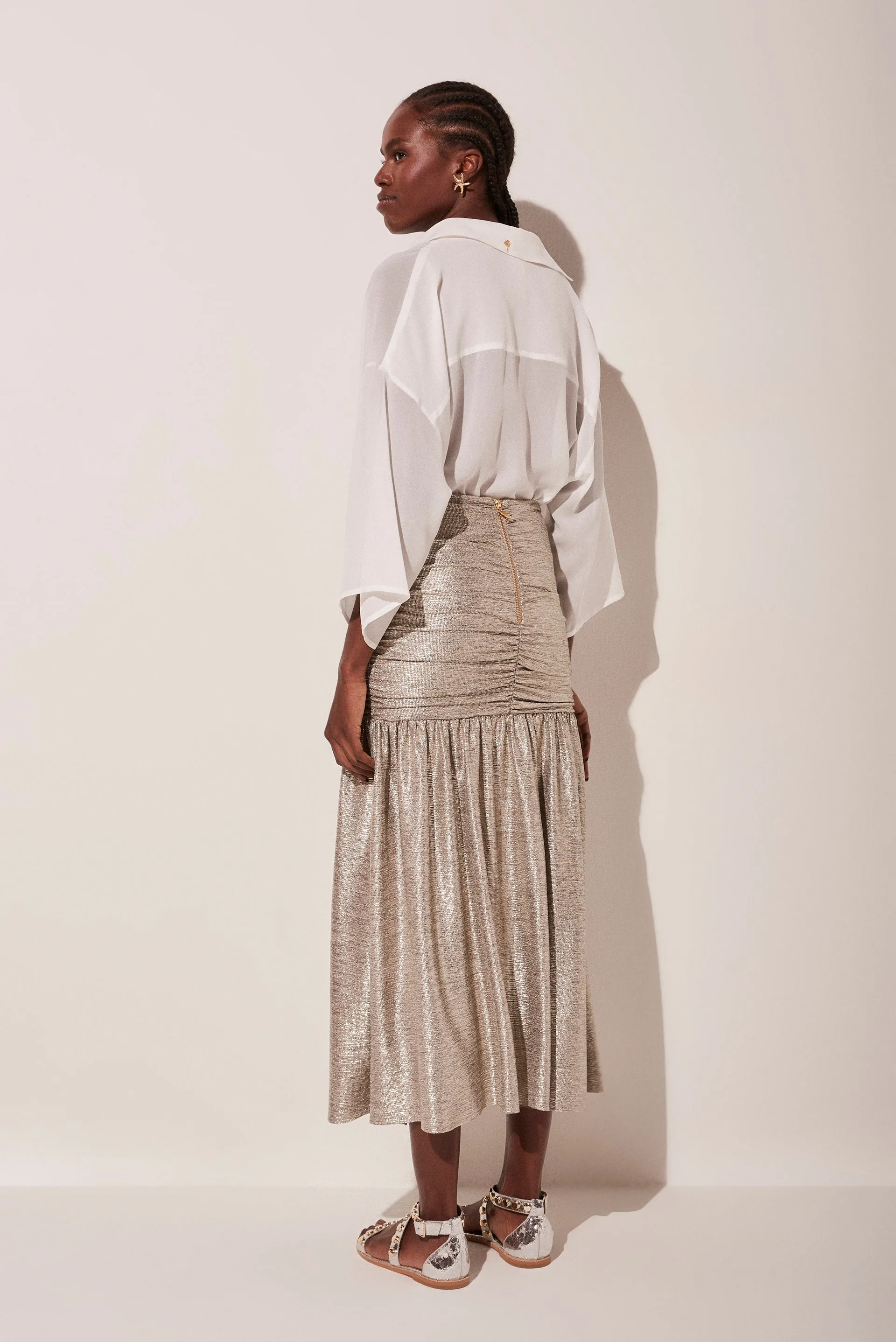 Metallic Sunrise Ruched Midi Skirt E4749A1800