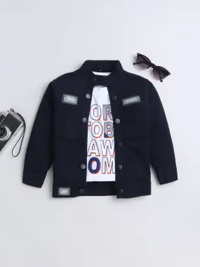 Mini Stitch Full sleeves solid Denim jacket with printed Tshirt for boys -Navyblue