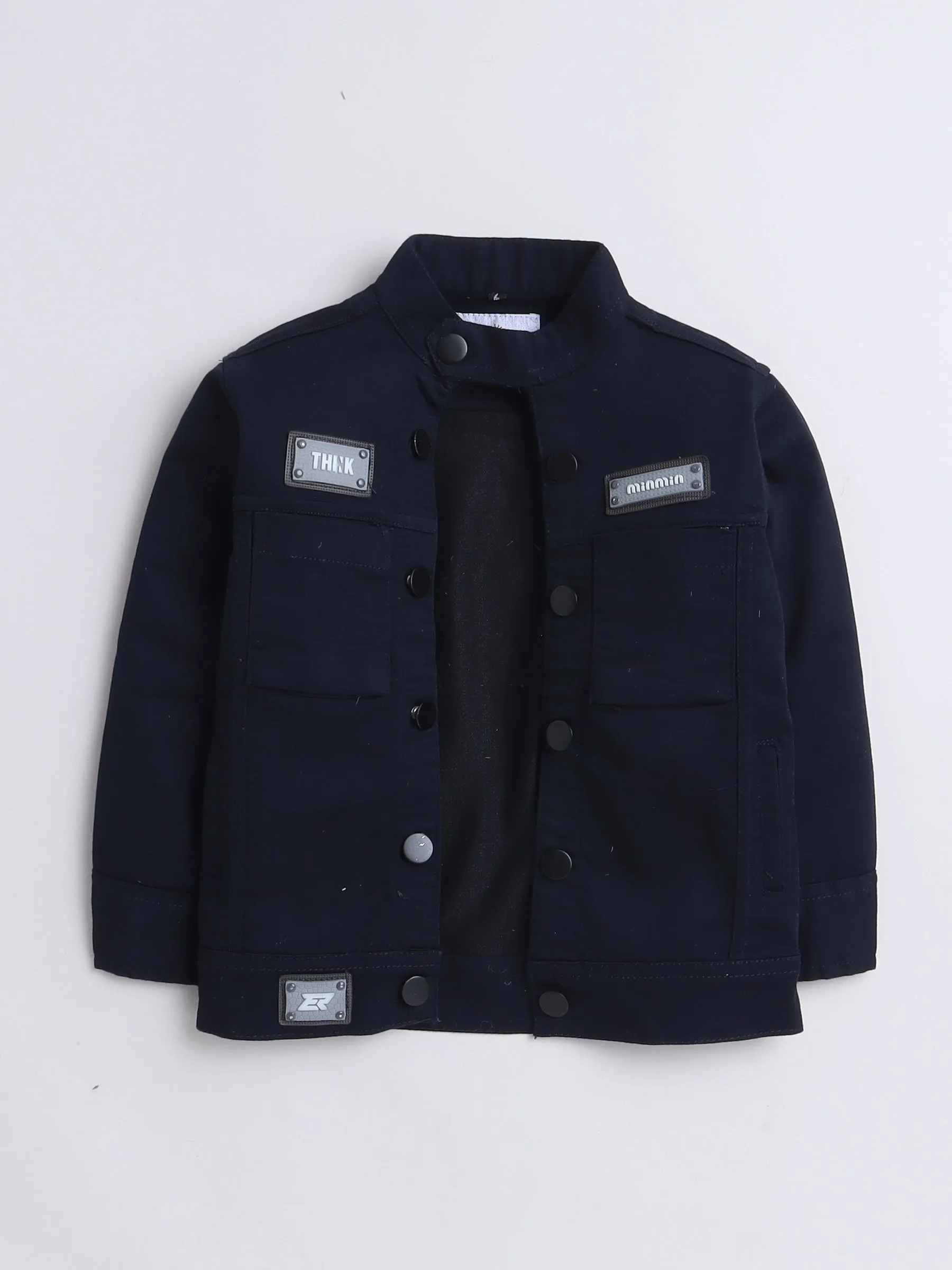 Mini Stitch Full sleeves solid Denim jacket with printed Tshirt for boys -Navyblue