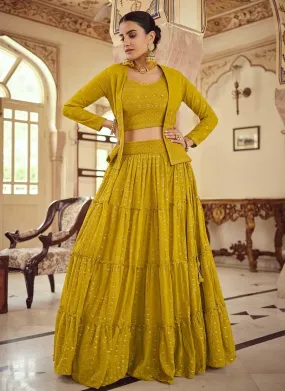 Mustard Yellow Color Sequined Work Georgette Fabric Lehenga Choli