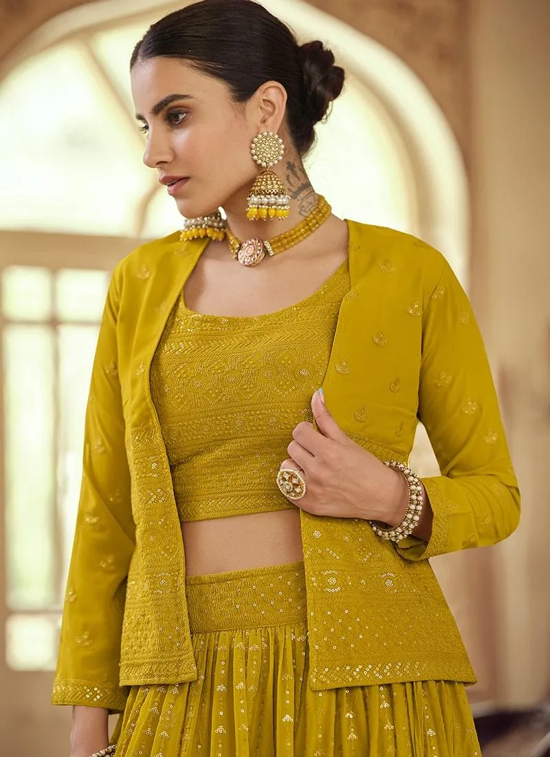 Mustard Yellow Color Sequined Work Georgette Fabric Lehenga Choli