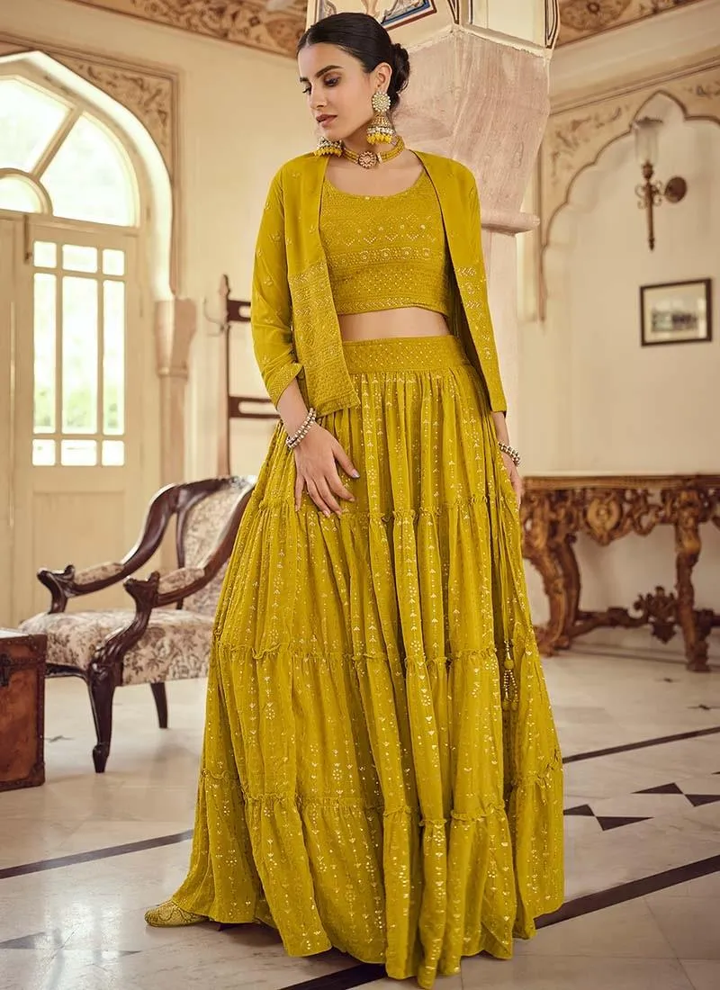 Mustard Yellow Color Sequined Work Georgette Fabric Lehenga Choli