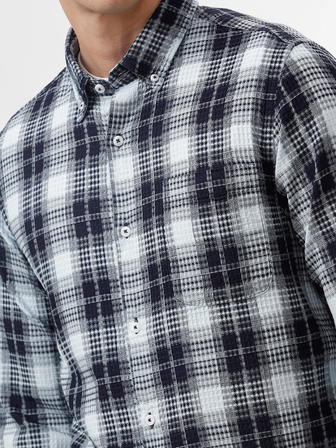Navy & White Checked Slim Fit Shirt