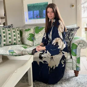 Navy Blue Stork Long Crepe Kimono by One Hundred Stars.