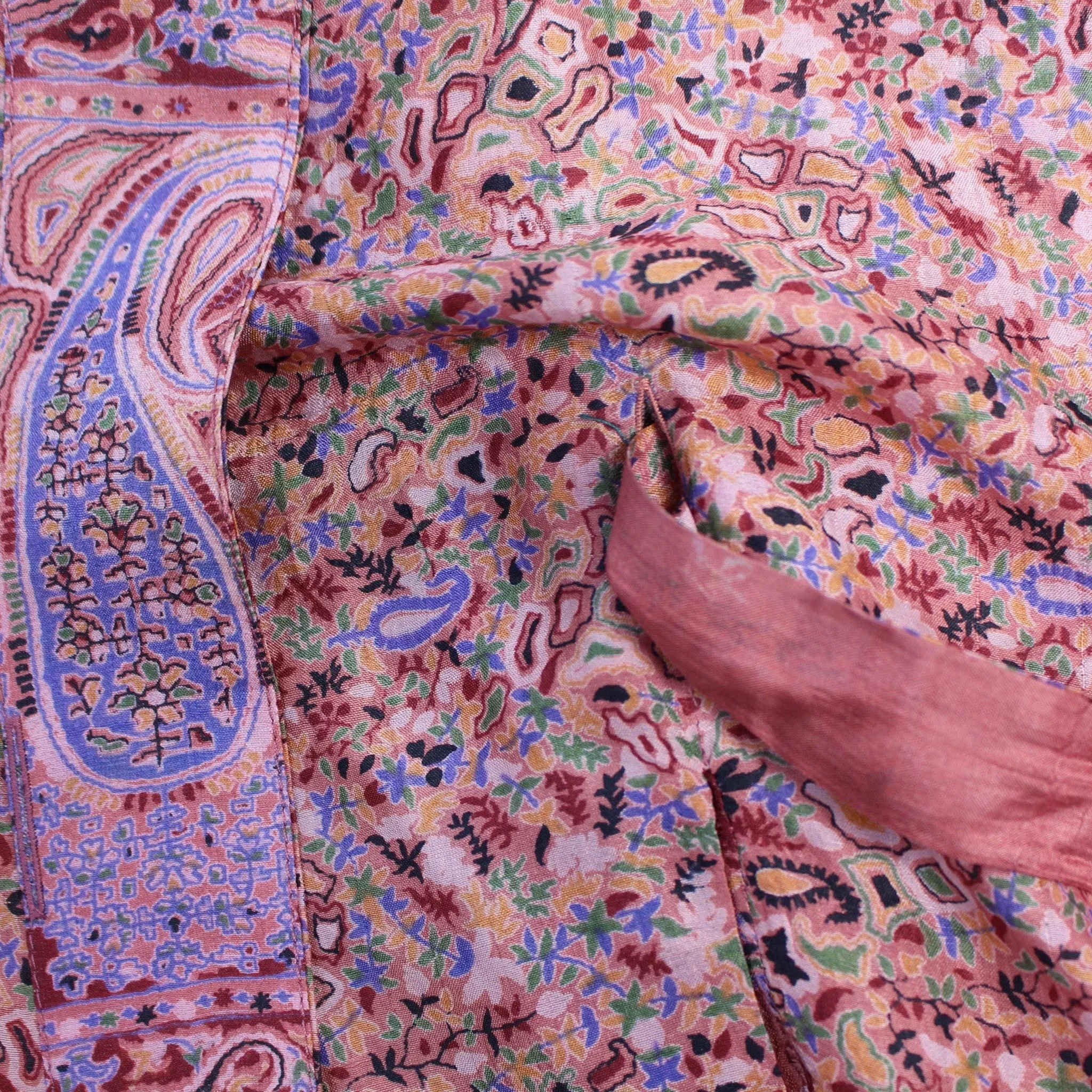 Neem - Vintage Silk Sari Saffron Paisley Print Kimono Style Wrap Dress