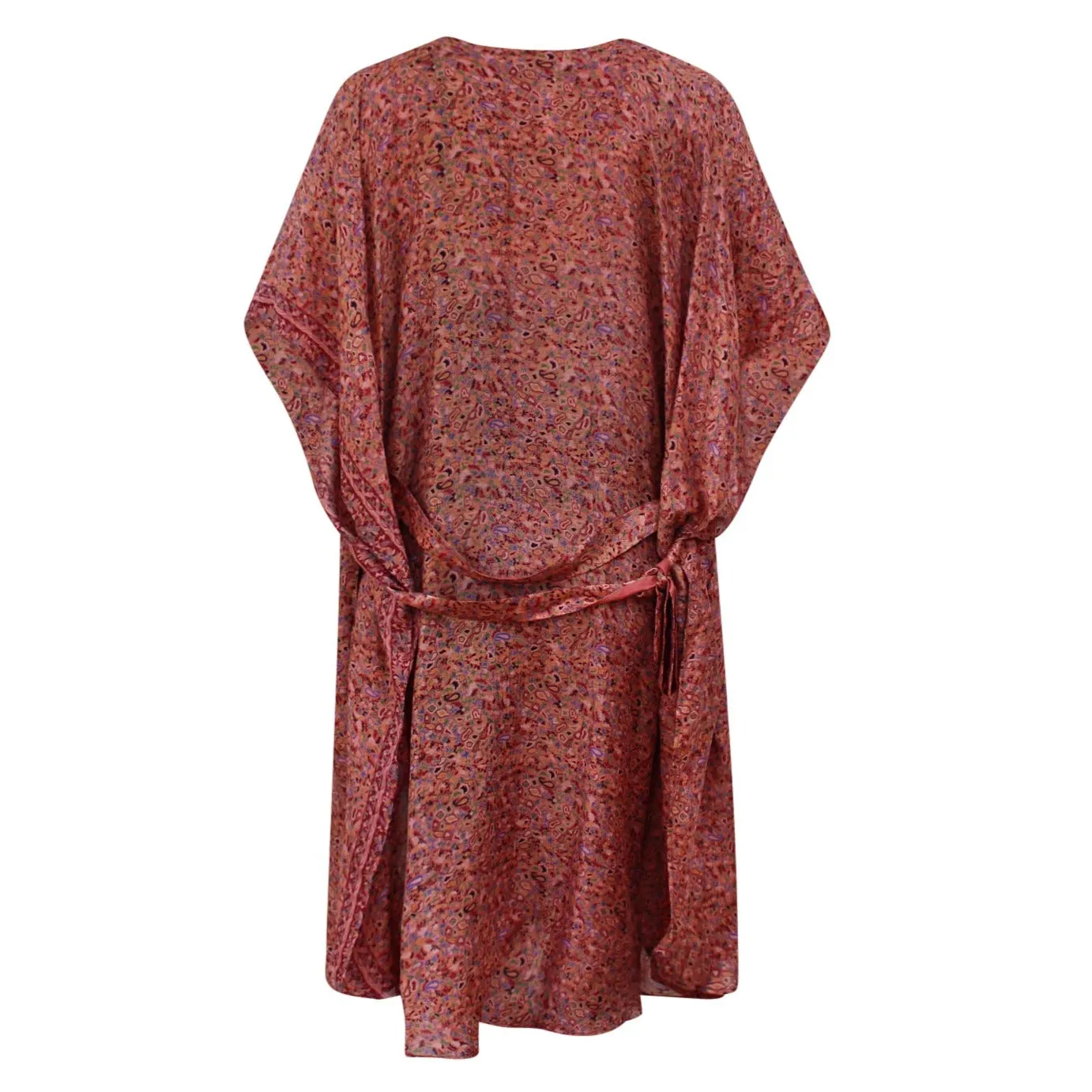 Neem - Vintage Silk Sari Saffron Paisley Print Kimono Style Wrap Dress